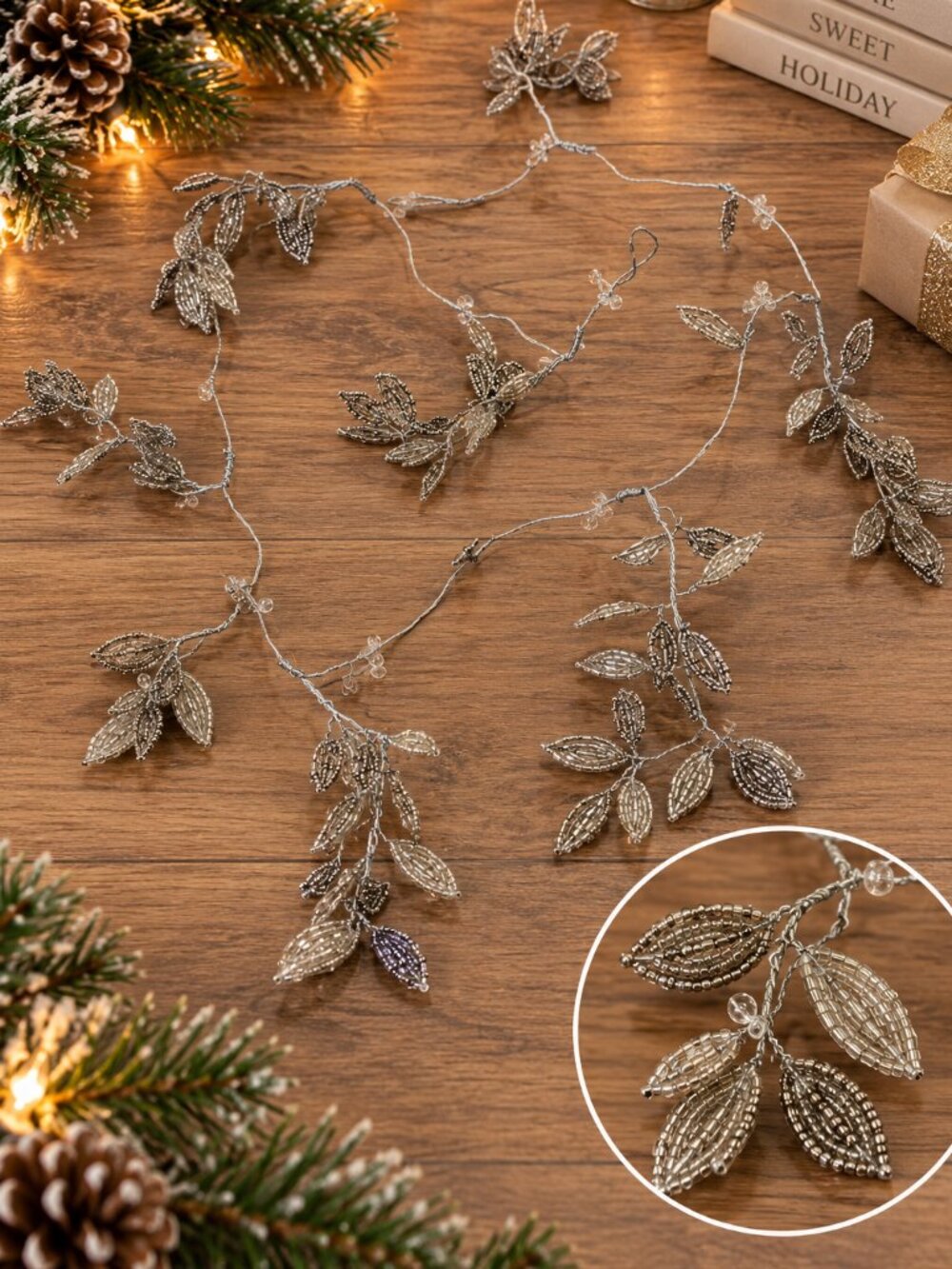 Anthropologie Silver Beaded Leaf Flexible Wire Christmas Garland